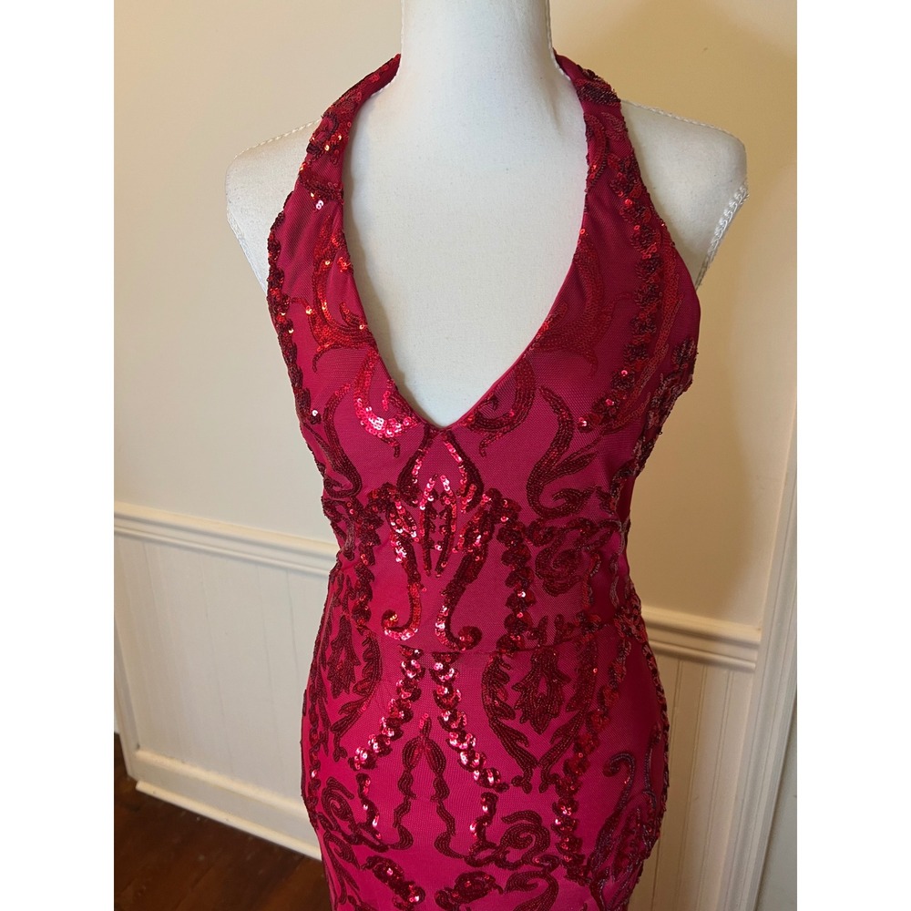 B. Darlin Red Sequin Halter Neck Formal Gown Damask Mermaid Maxi Dress Prom Gala - Picture 7 of 13